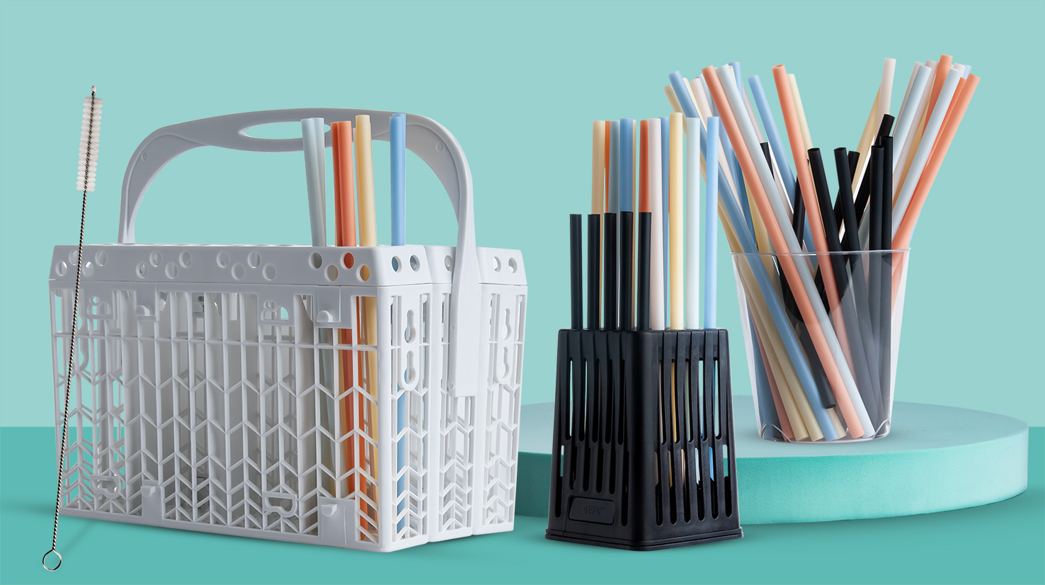 nuevas pajitas reutilizables en el lavavajillas con la práctica cesta -  Polo Plast Srl